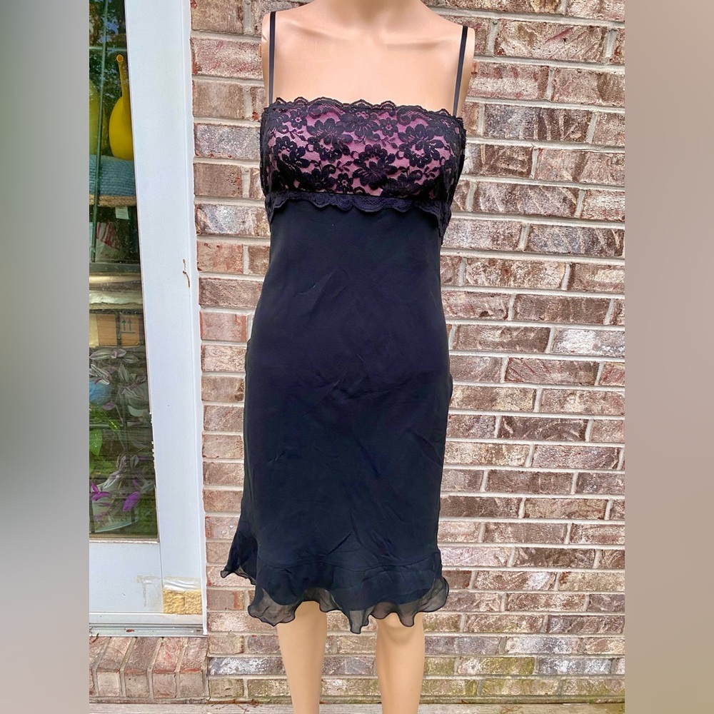 100% Silk 00s Express Black Lace & Pink Cocktail Dress - Picture 6 of 14